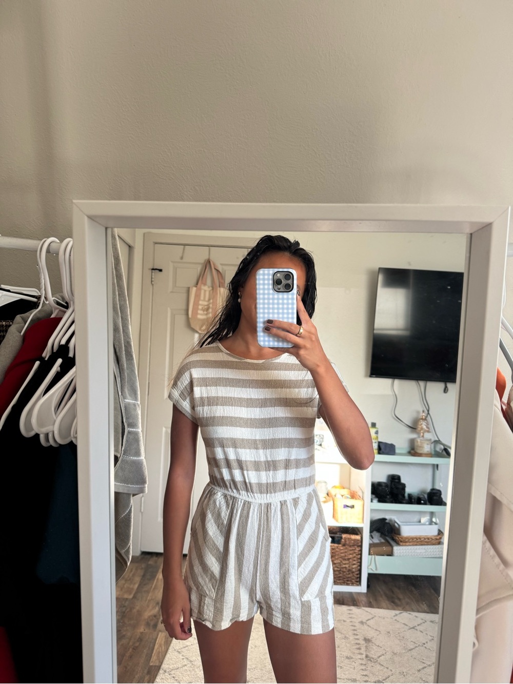 ROOLEE SIZE SMALL Striped Short Sleeve Romper in Beige and White